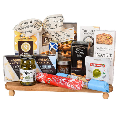 Sympathy Charcuterie Board With Olives, Sausage, Crackers, Cheese And Mini Gherkins