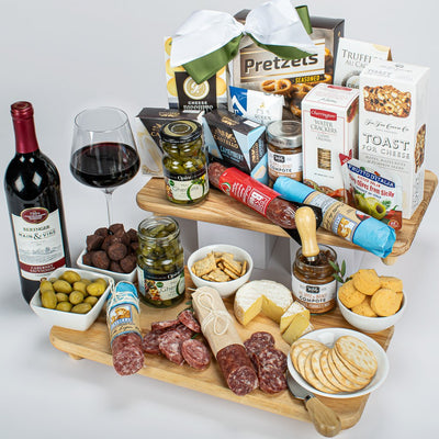 Luxury Charcuterie Board With Canadian Cabernet Wine, Sausage, Cheese, Olives, Crackers, Cheddar Cookies, Truffles, And Compote