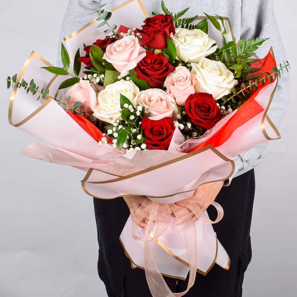 Beautiful Large Pink, White, And Red Arrangement Wrapped In Korean Paper