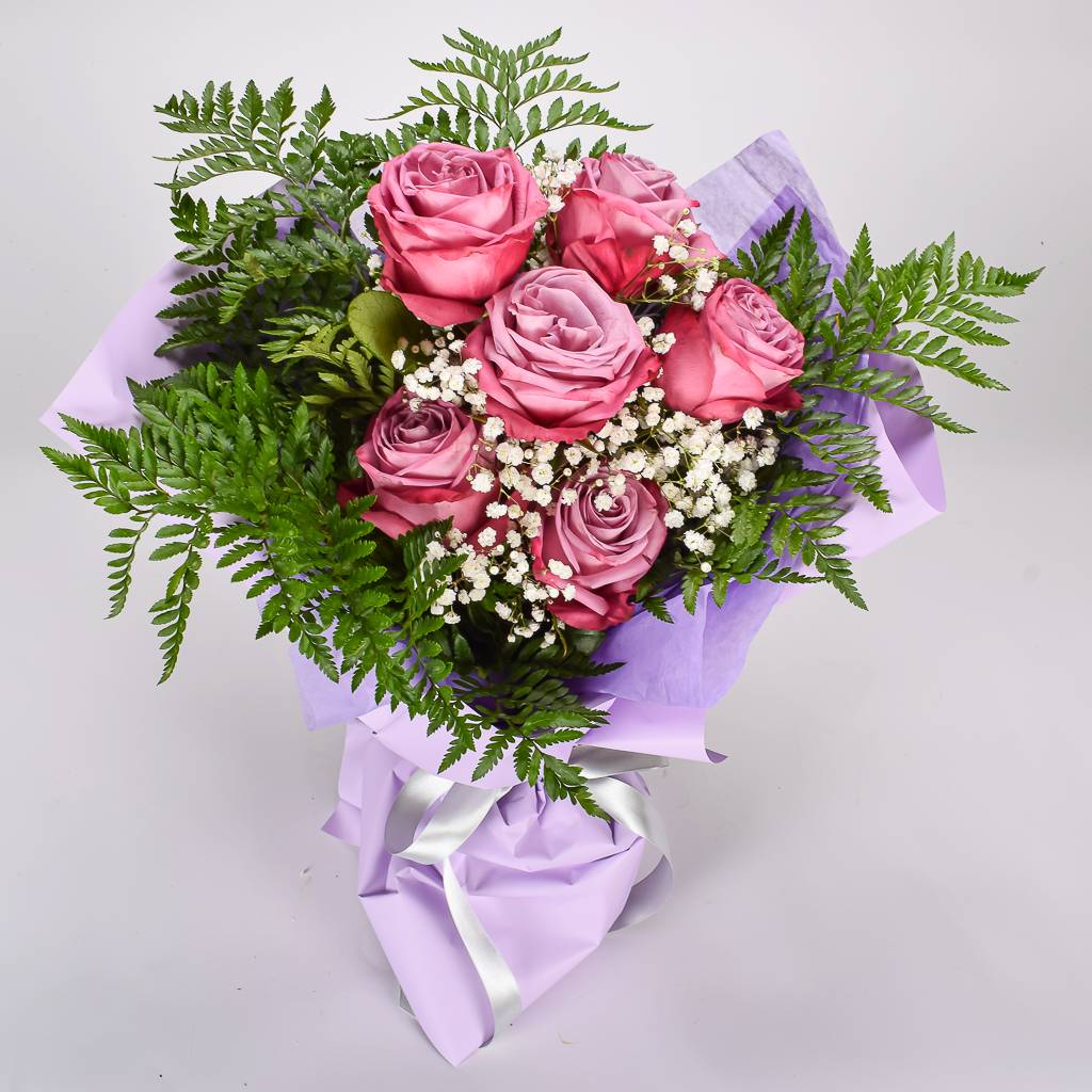 6 Lavender Roses And Lush Greenery Wrapped In Purple Korean Style Paper 