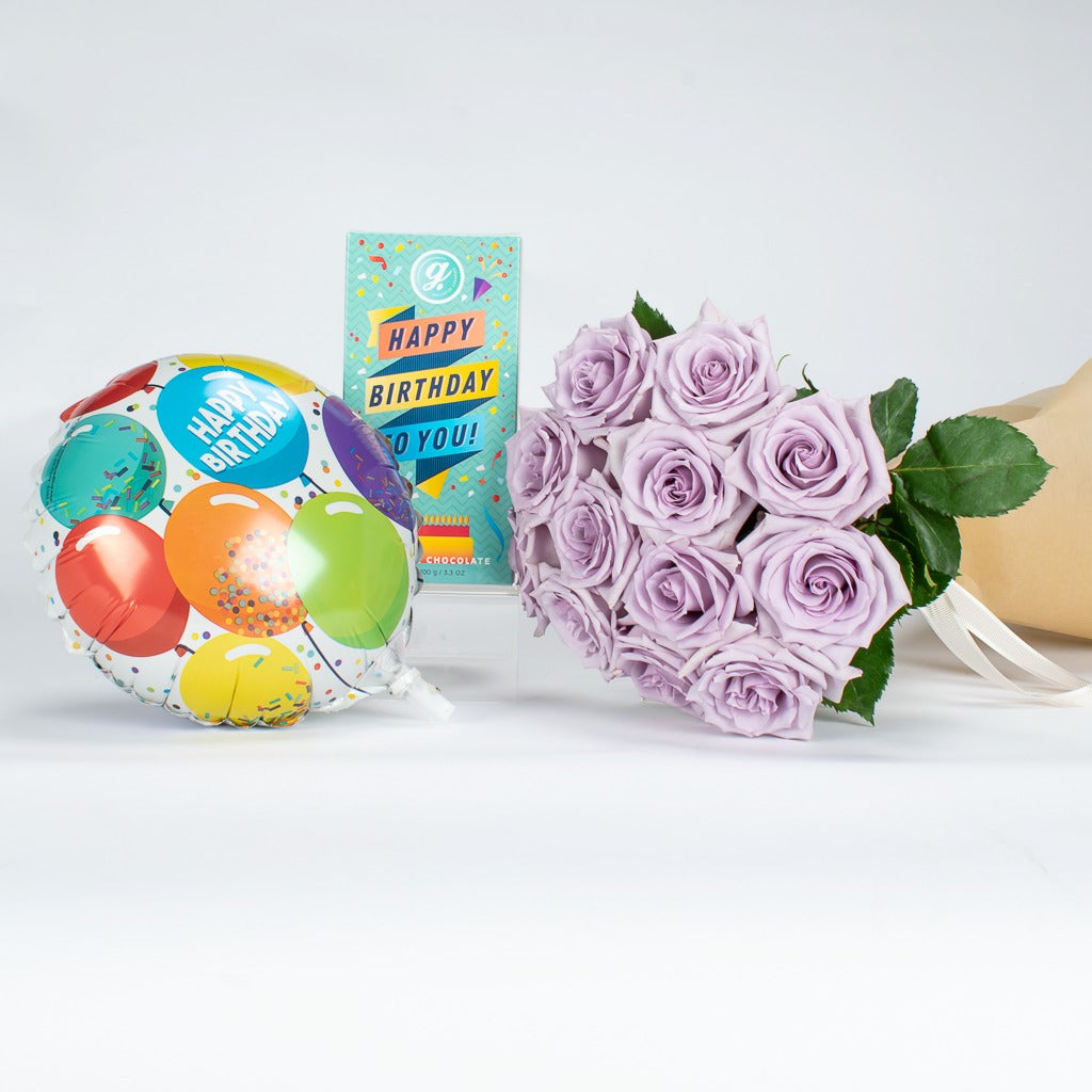 A Dozen Lavender Roses With Chocolate And Balloon