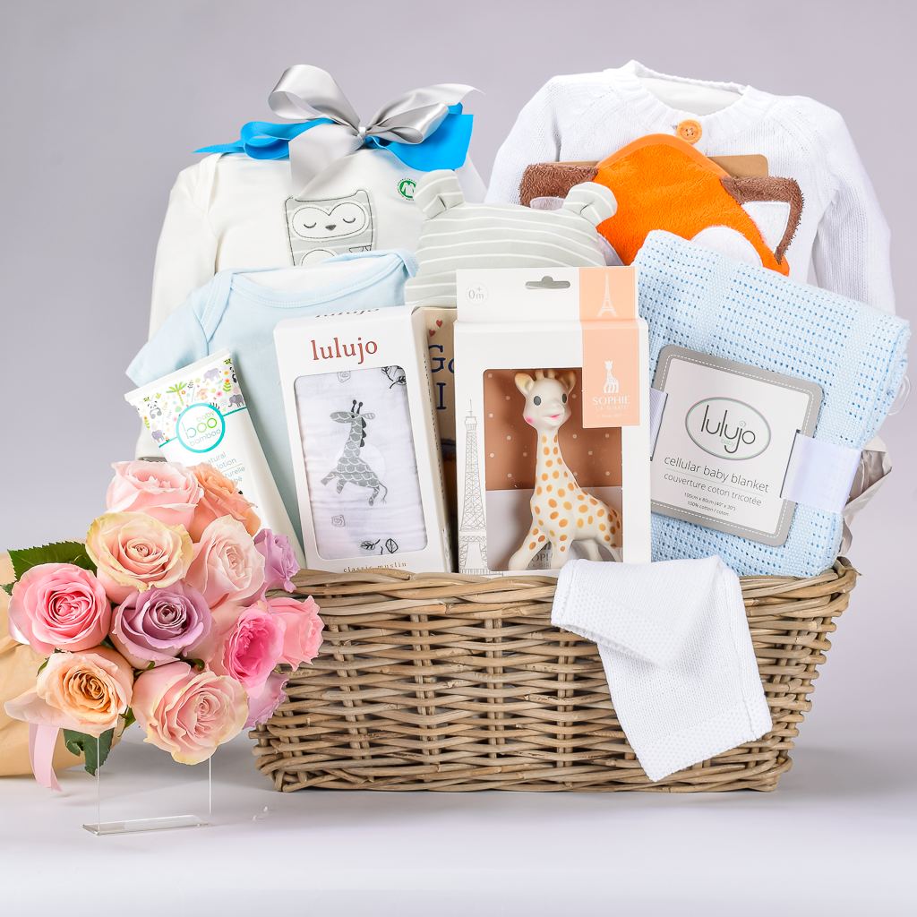 Luxury Baby Boy Gift Basket With Sophie La Girafe, Knit Blanket, Cardigan And Roses