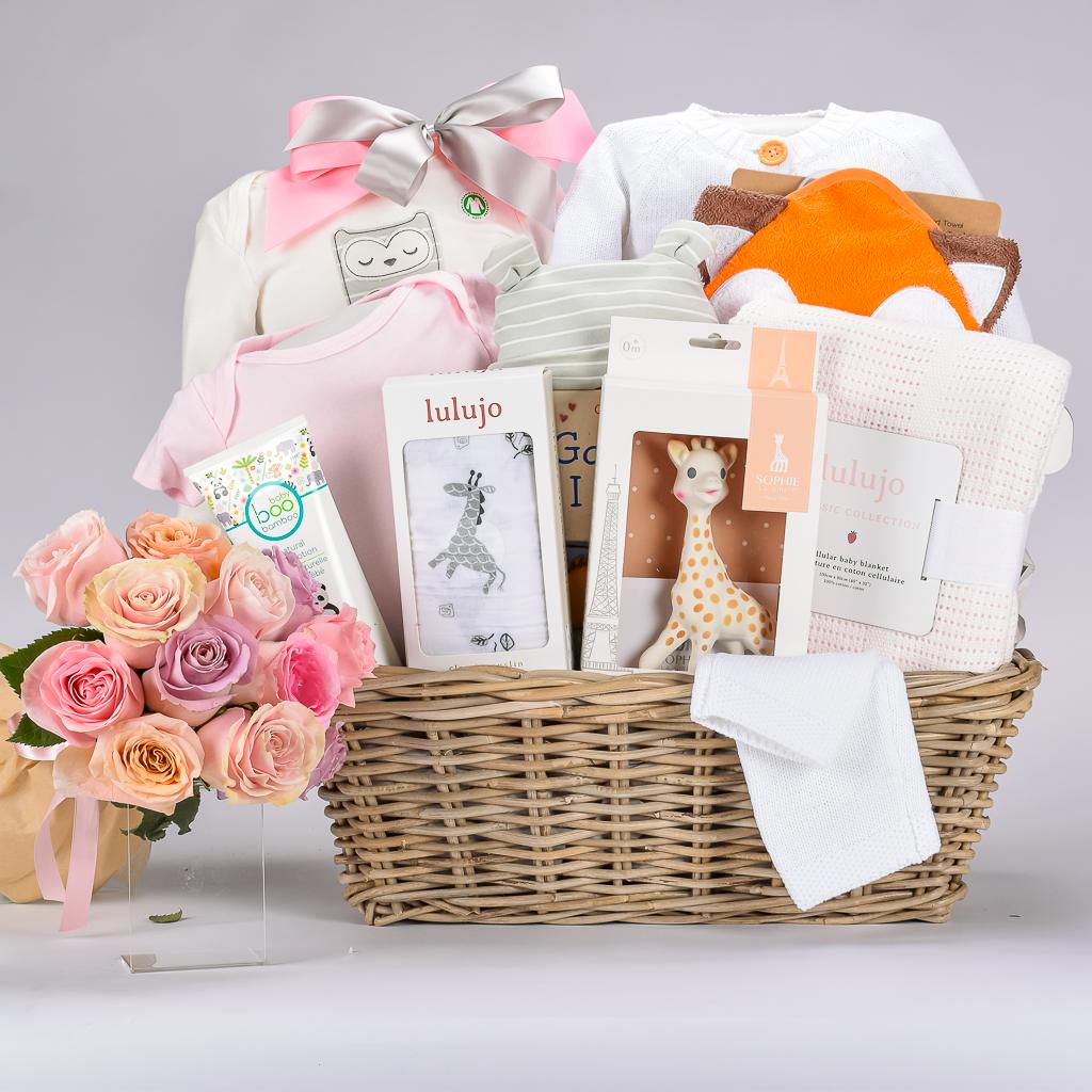 Luxury Baby Girl Gift Basket With Sophie La Girafe And 12 Mixed Roses