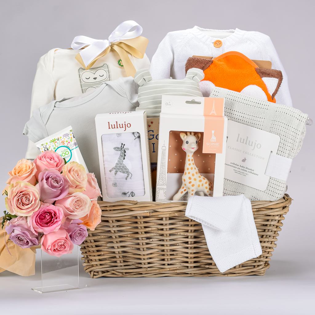 Retangular Rattan Gift Basket With Premium Baby Clothing, Lotion and Teether