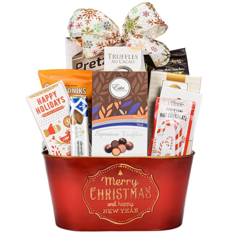 Red Christmas Basket With Pretzels, Crackers, Popcorn, Truffles, Assorted Esta Chocolate Truffles, Chocolate Chip Shortbread, And Milk Chocolate Bar