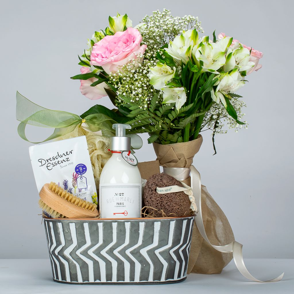 Body Lotion Spa Products And Flower Bouquet