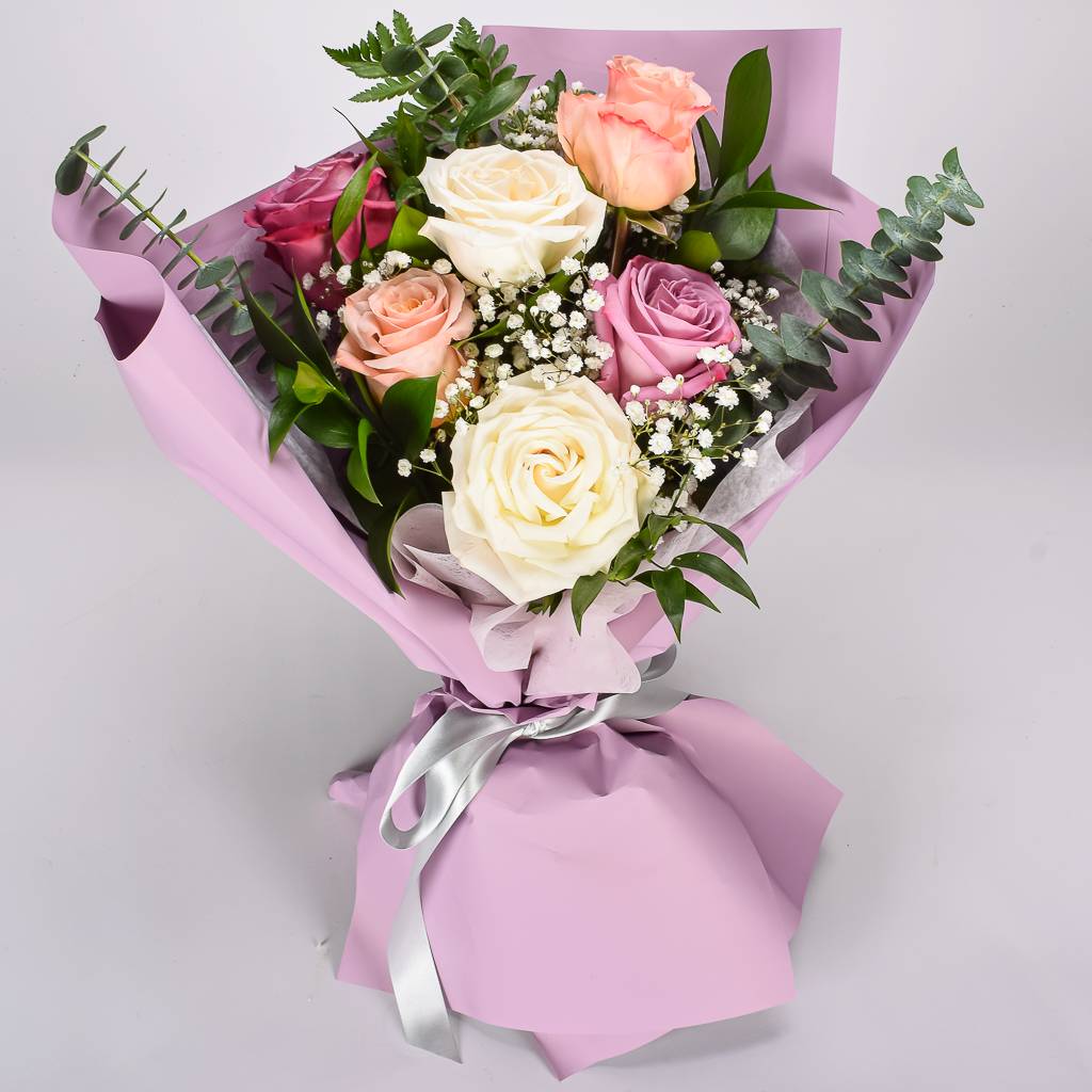 Mixed 6 Roses Wrapped In Purple Korean Style Paper 
