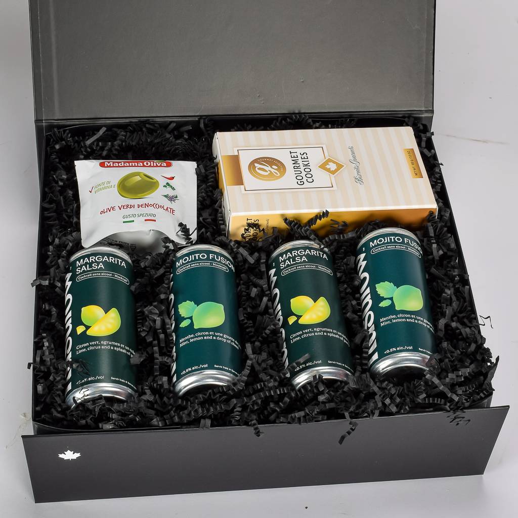 Shortbread Cookies, 4 Mocktails, Olives In A Sleek Black Box