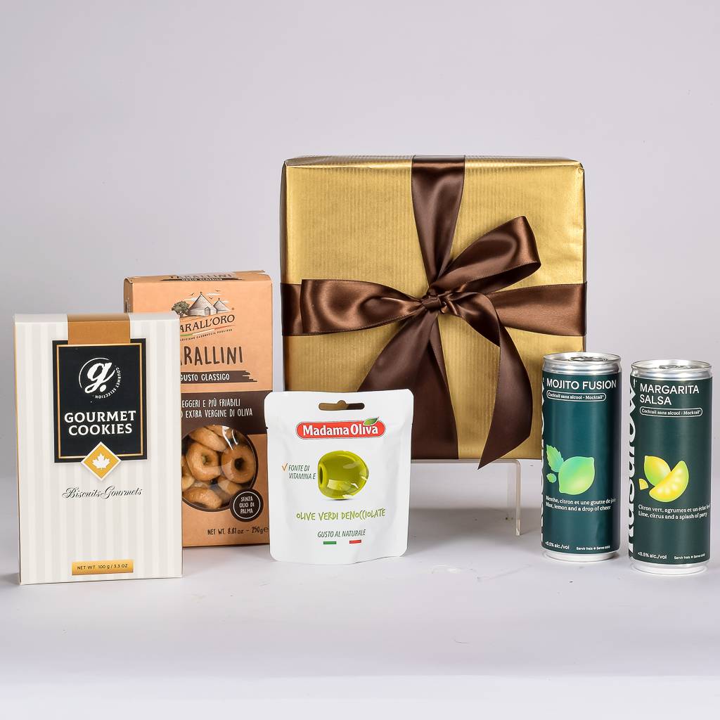 Gold Wrapped Gift Box With 2 Mocktails, Olives, Cookies And Tarallini