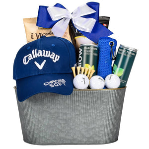 Gift Basket With Mocktail Drinks, Cookies, Chips, Golf Balls, Tees And Hat