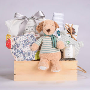 Wooden gift box with handle for Mom and Baby ith Dog Plush, Chocolate, Organic Onesie, Beanie And Sensory Book