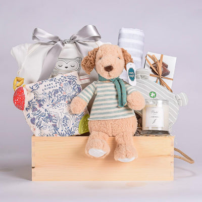 Wooden gift box with handle for Mom and Baby ith Dog Plush, Chocolate, Organic Onesie, Beanie And Sensory Book
