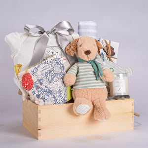 Mom And Me Light Brown Wooden Wine Box With Oragnic Cotton Onesie, Light Brown Dog Plusg, Lavender Candle, 4 Chocolate And Muslin Blanket