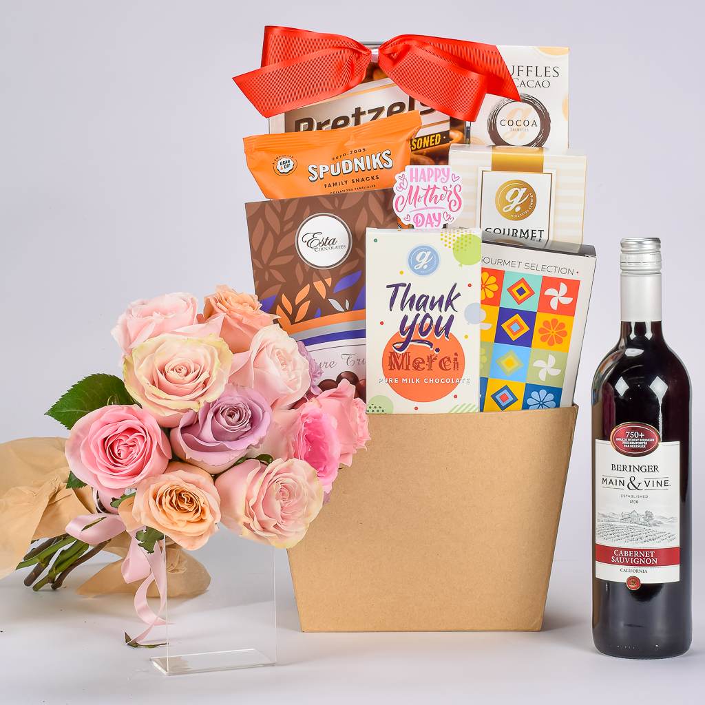 Mother's Day Gift Basket With Chocolate Truffles, Wine And 12 Mixed Roses