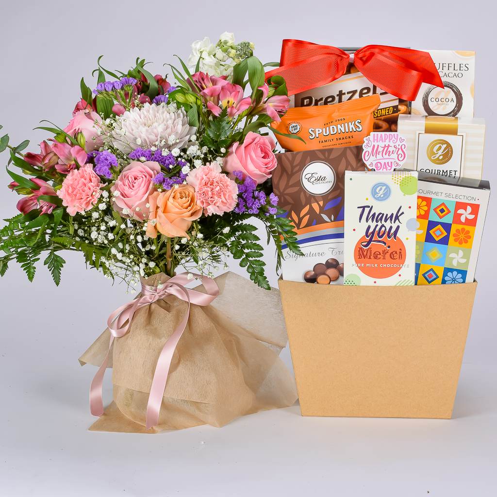 Flowers And Chocolates For Mothers Day With Truffles, Popcorn, Cookies and Pretzels