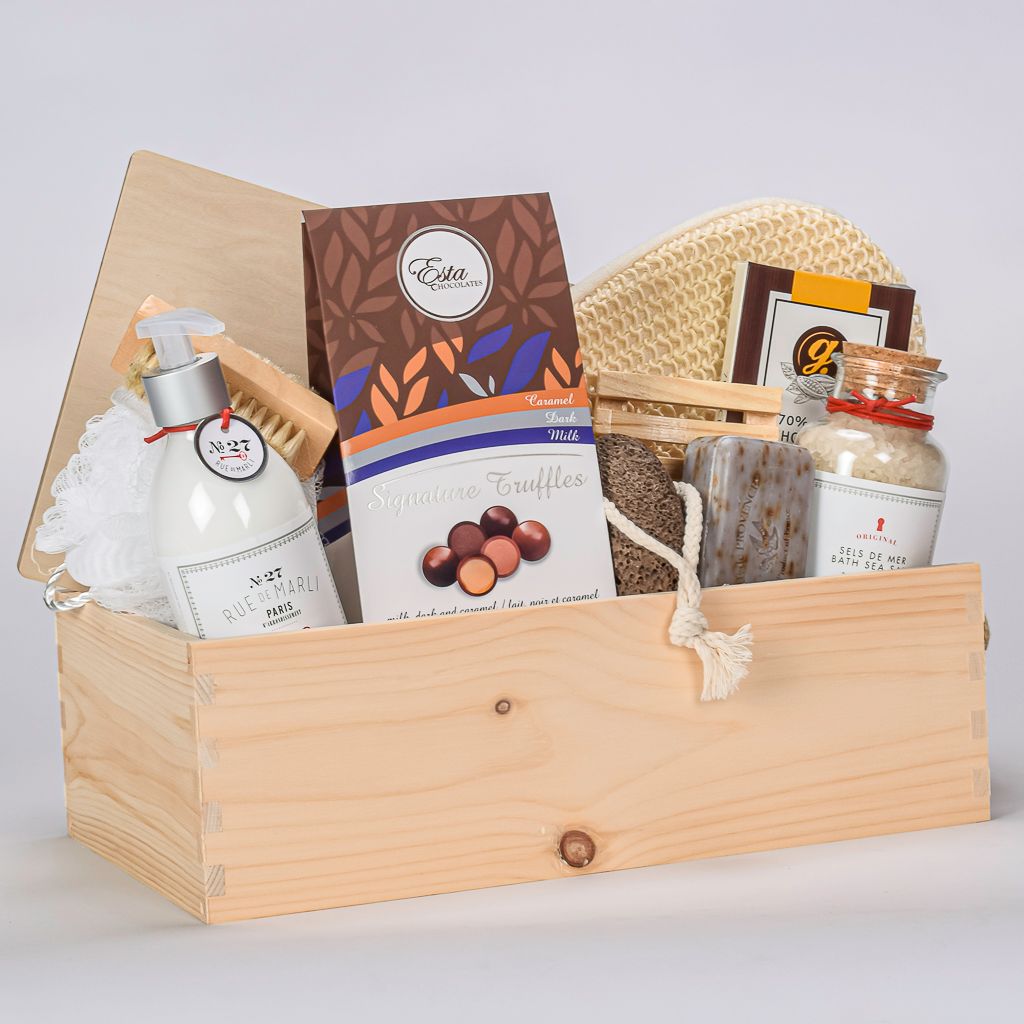 Spa Wooden Gift Basket With Luxury Lotion, Bath Salt, Bar Soap From France, Pumice Stone, Nail Brush And Chocolates