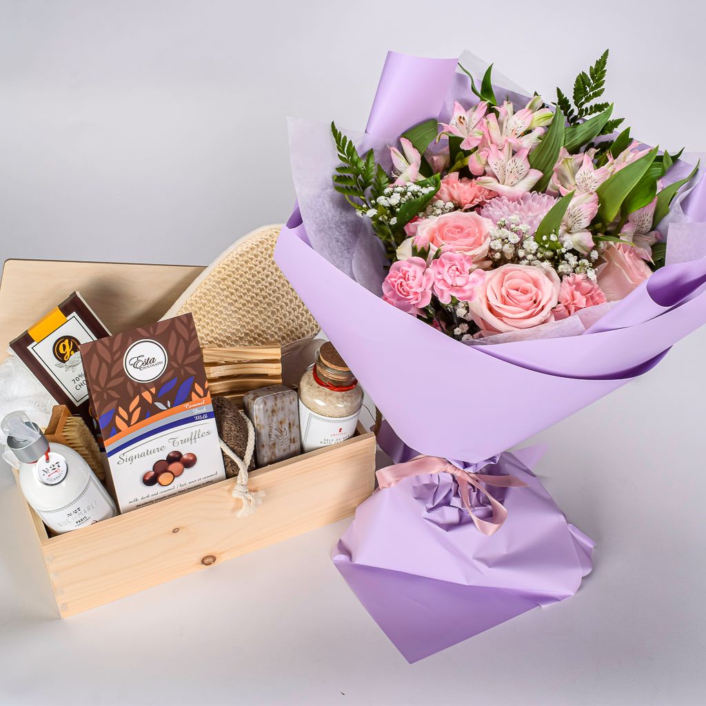Double Wooden Crate With Spa Lotion, Bath Salth, Assorted Truffles, Nail Brush, Soap Caddy, Glove, Dark Chocolate And Korean Wrapped Purple Floral Paper