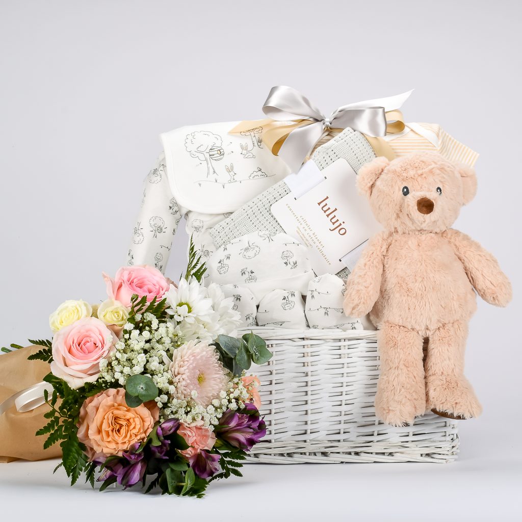 Neutral Baby Gift With Flowers MY BASKETS1