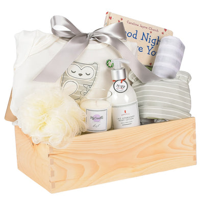 Organic Baby Longsleeve Owl Onesie, Grey Organic Hat, Body Lotion, Laveder Candle, Baby Book And Shower Puff