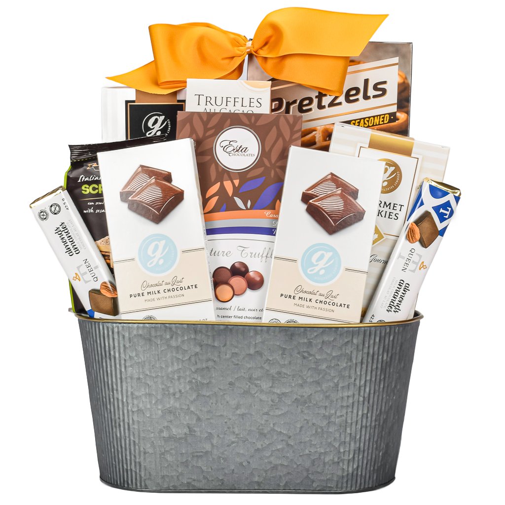 Solver Metal Basket With Pretzels, Cookies, Truffles, Crackers, Milk Chocolate Almond Bar And Popcorn With A Gold Bow
