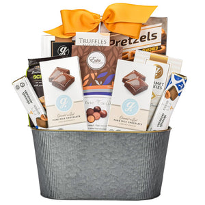 Solver Metal Basket With Pretzels, Cookies, Truffles, Crackers, Milk Chocolate Almond Bar And Popcorn With A Gold Bow
