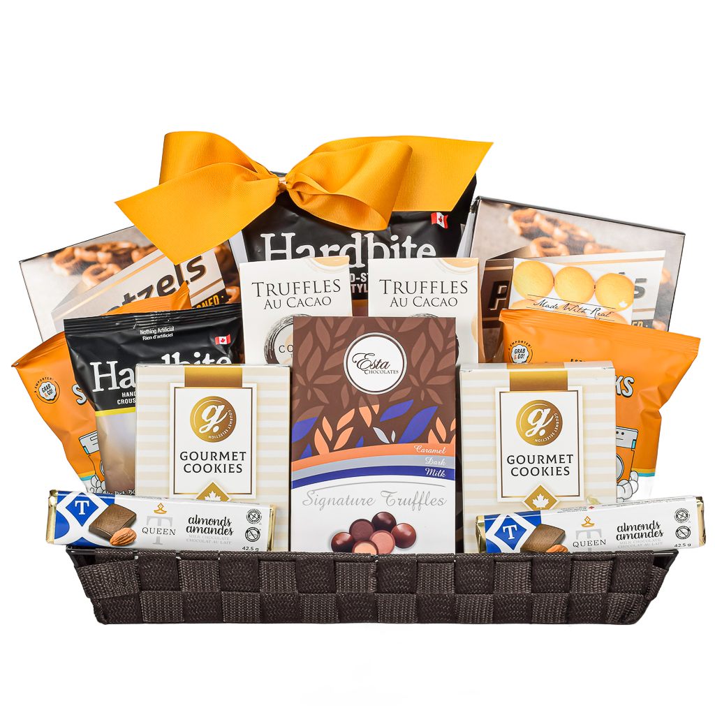 Office Sharing Brown Fabric Tray With Chips, Pretzels, Popcorn, Assorted Truffles, Shortbread Cookies, And Chocolate Almond Bar