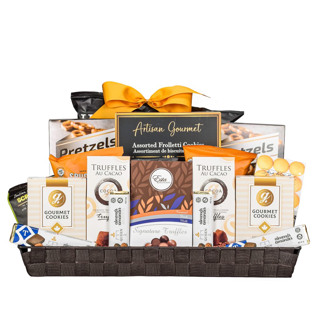 Woven Brown Fabric Tray With Pretzels, Chips, Popcorn, Cookies, Truffles, Gourmet Cookies, Cheddar Cookies, Chocolate Almond Bar Great For Sharing And Gifting