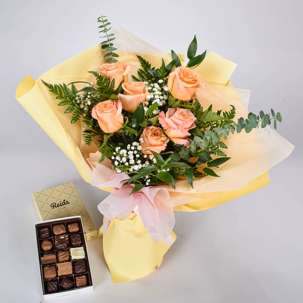Assorted Milk, Dark and White Chocolate Box With 6 Peach Roses Wrapped In Special Korean Paper