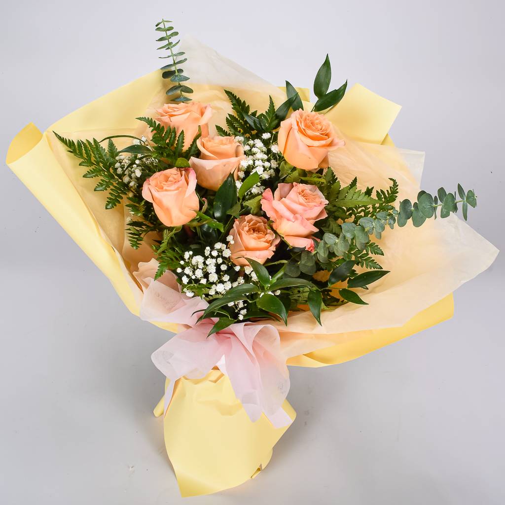 6 Peach Roses WIth Greenery And Yellow Korean Wrapping 