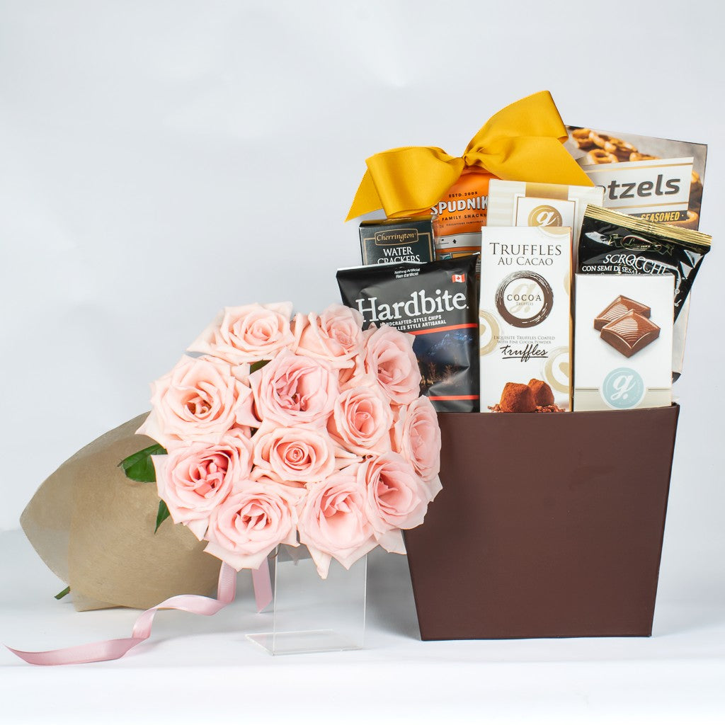 A Dozen Light Pink Roses And Gourmet 