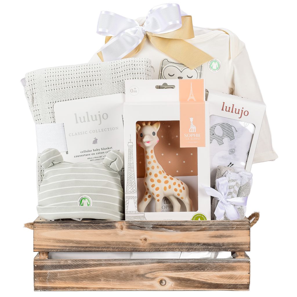 Luxury Wooden Crate With Organic Onesie, Hat And Sofie La Girafe Teether