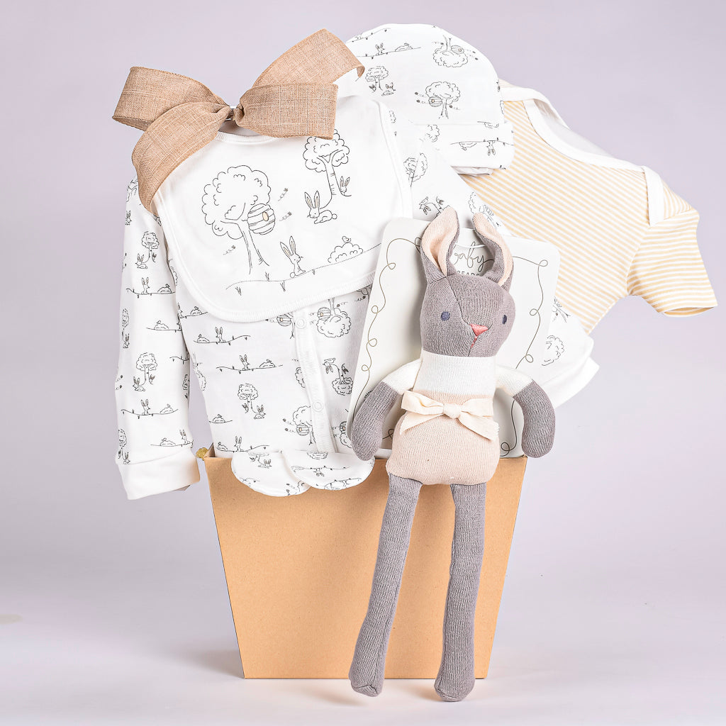 Soft Baby 5 Piece Neutral Set With A Footed Sleeper, Onesie, Hat, Bib And Mittens With A Rabbit Plush