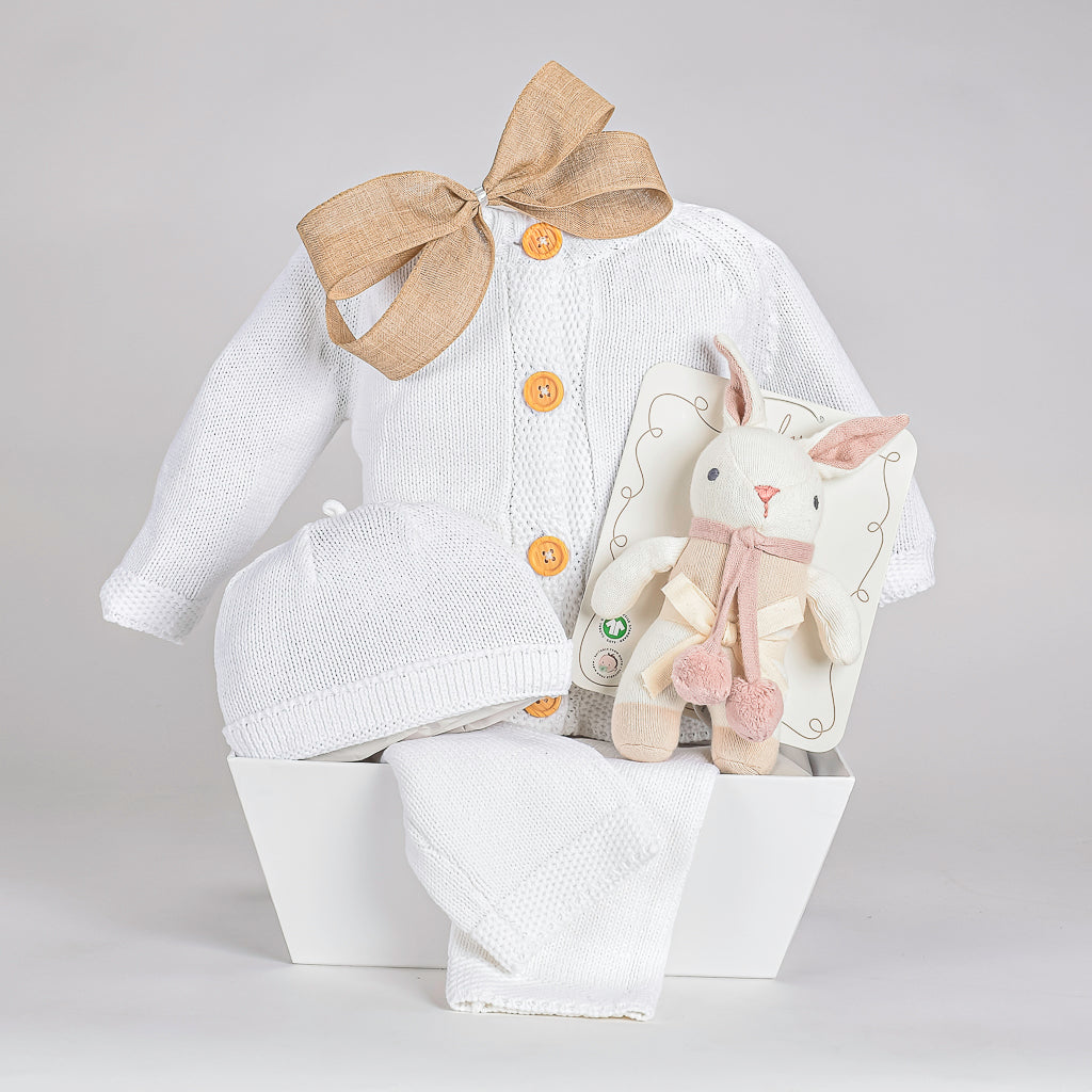 White Gift Basket With 3 Peice Cardigan Set, And Organic Rabbit Plush