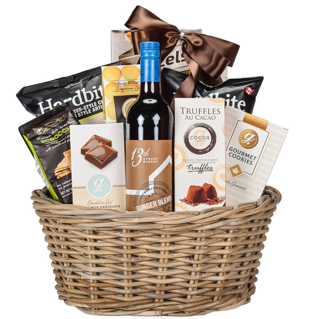 Red Canadian Wine Gift Basket With Shortbread Cookies, Milk Chocolate, Truffles, Crackers, And Gourmet Shortbread Cookies