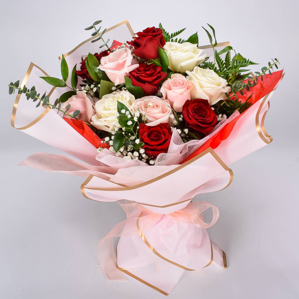 Large Pink Red And White Fresh Roses With Greenry Wrapped In Premium Korean Paper