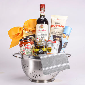Silver Colander With Pasta, Sausage, Cheese, Olives, Olive Oil, Tomato and Basil Sauce 