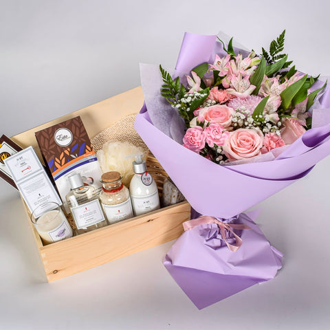 Wooden Gift Box With Luxury Lotion, Bath Gel, Salt, Lavender Candle, Truffles, Bath Puff, Soap Caddy, Dark Chocolate With Pink And Purple lower Bouquet