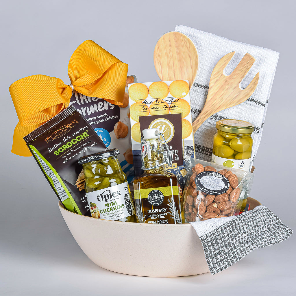 Salad Bowl With Tea Towel, Mini Gherkins, Almonds, Olive Oil, Olives, Crackers And Cheddar Cookies