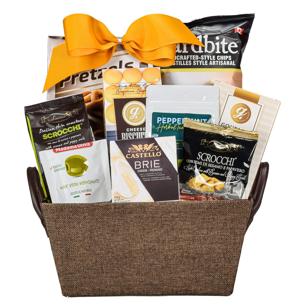 Brown Fabric Gift Basket WIth Chips, Pretzels, Cheddar Cookies, Tea, Cookies, Cheese, And Olives With Gold Bow