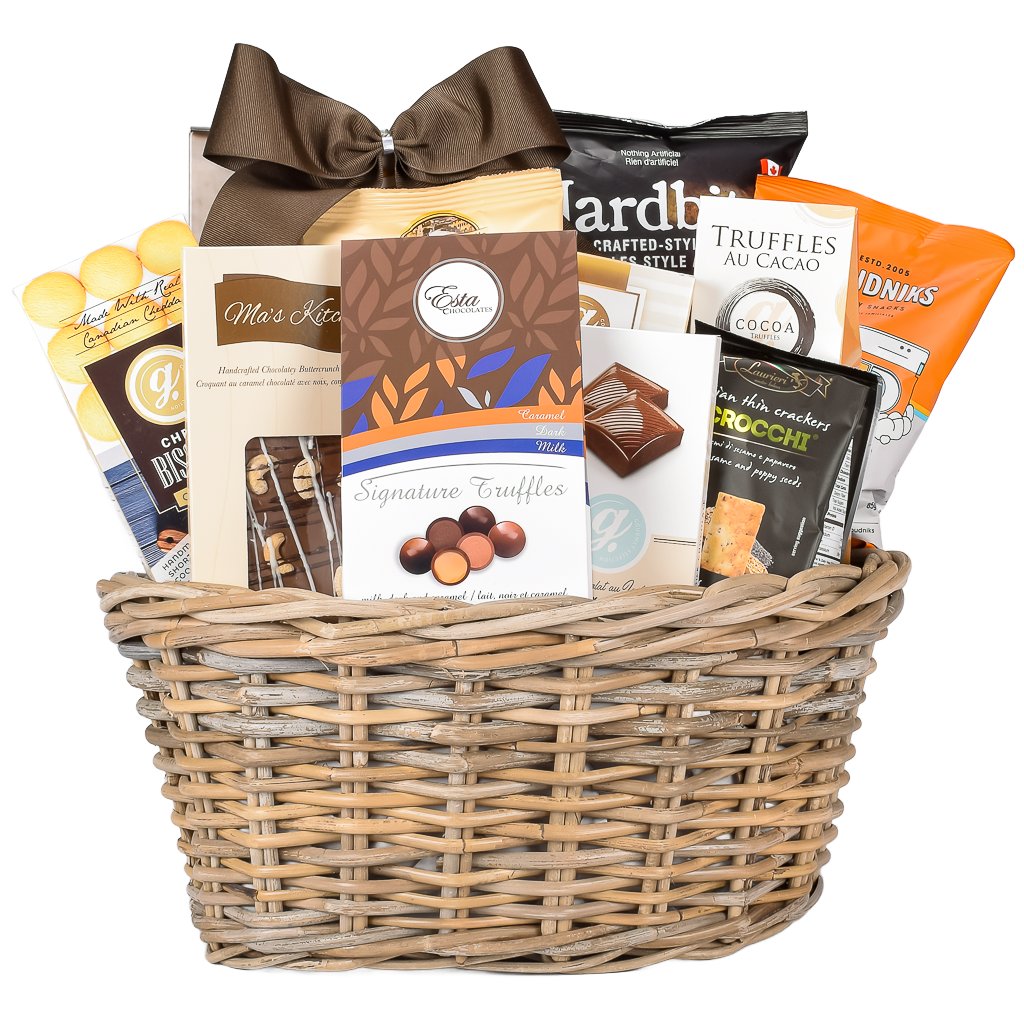 Sympathy Luxury Rattan Gift Baskets With Truffles, Chips, Milk Chocolate Bar, Cheddar Cookies, Popcorn, Assorted Chocolate Truffle Balls With A Brown Sympathy Bow