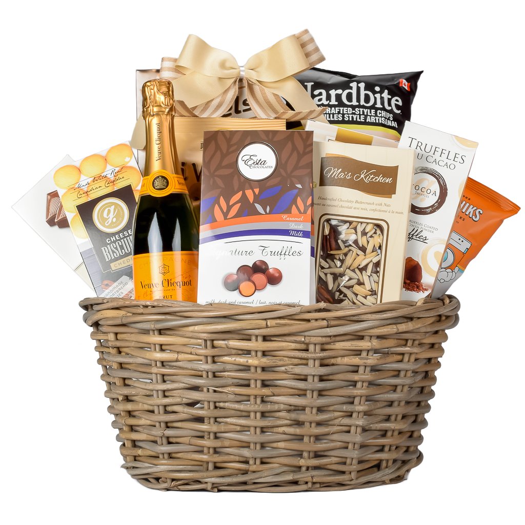 French Champagne Veuve Clicquot With Assorted Truffles, Ma's Chocolate Bar, Popcorn, Chips and Pretzels In A Oval Wicker Gift Basket