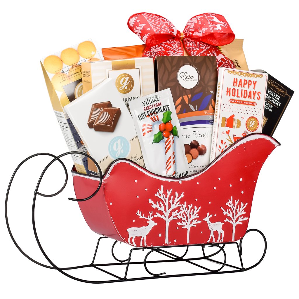 Red Christmas Sleigh with Chocolate, Crackers, Cookies and Festive Bow