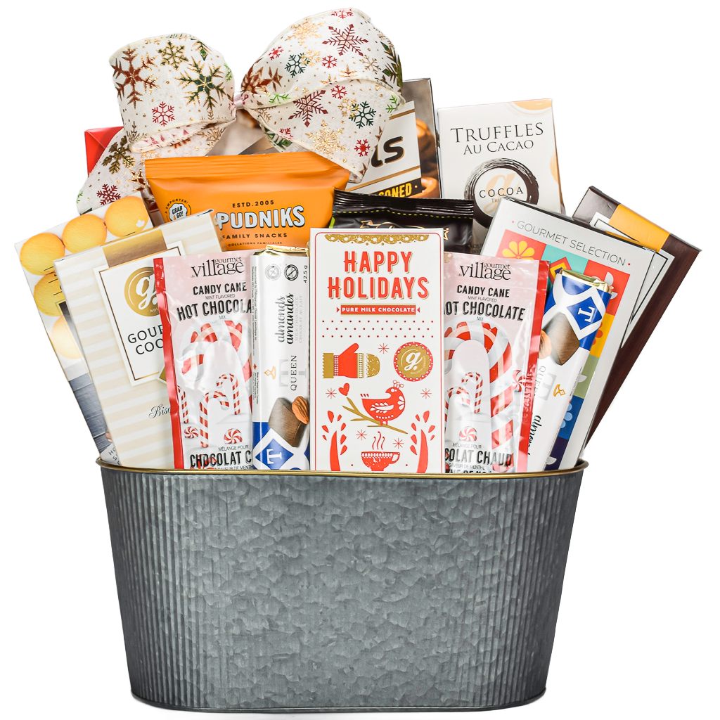 Grey Metal Basket Filled With Sweet Treats Milk Chocolate, Hot Cocoa, Shortbread Cookies, Crackers, Popcorn, Pretzels, And Truffles