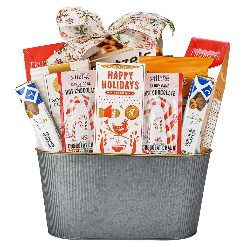 Oval Silver Metal Basket With Pretzels, Truffles, Popcorn, Hot Cocoa, Chocolate Almond Bar, And Shortbread Cookies With A Christmas Bow