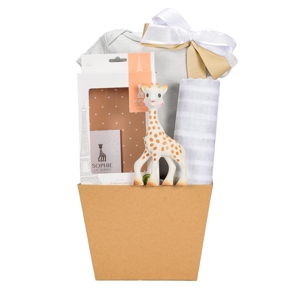 Grey cotton onesie with Sophie The Girafe Teether And Blanket