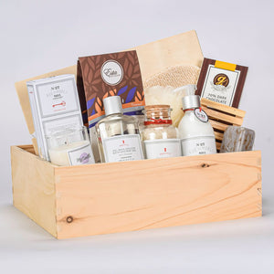 Spa Gift Wooden Box With Bath Puff, Body Lotion, Gel, Bath Salth, French Bar Soap, Glove And Chocolate 