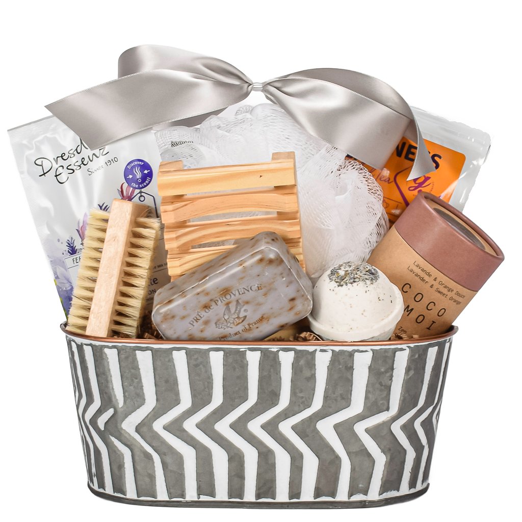 Spa Basket With Lavender Bar Soap, Bath Bomb, Nail Brush, Bath Puff, Bath Essence, And Tea