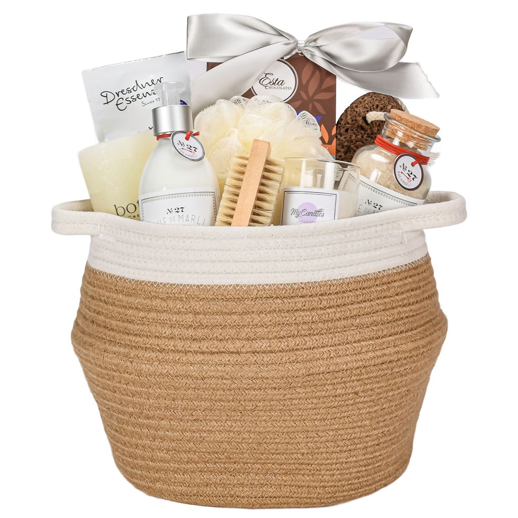 Spa Jute Basket With Esta Chocolate Truffles, Bath Salt, French Soap, Nail Brush, Lotion, Candle, Lava Stone, Bath Puff In Jute Basket With Silver Satin Bow