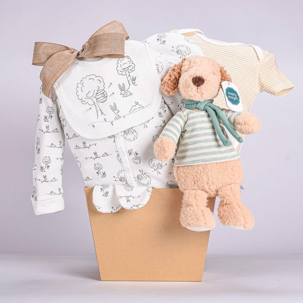 Light Brown Gift Basket With Cotton Rabbit 5 Piece Set And Plush Dog For Baby