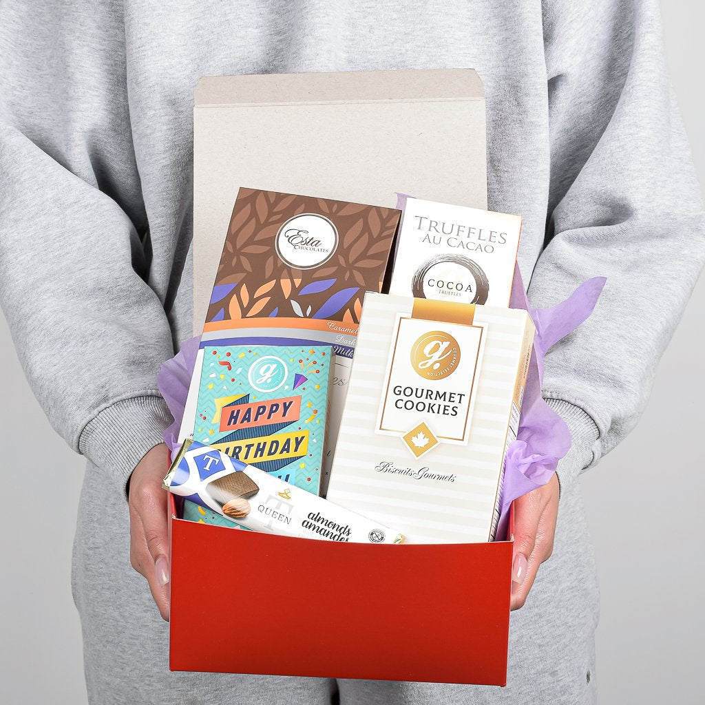 Red Gift Box With Happy Birthday Chocolate, Shortbread, And Truffles